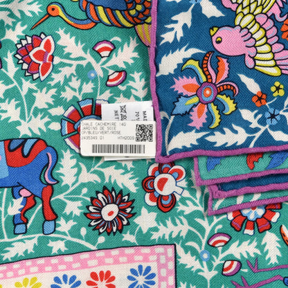 Hermes Cashmere Silk Jardins De Soie Shawl 140 Bleu Vert Rose 10 of 10