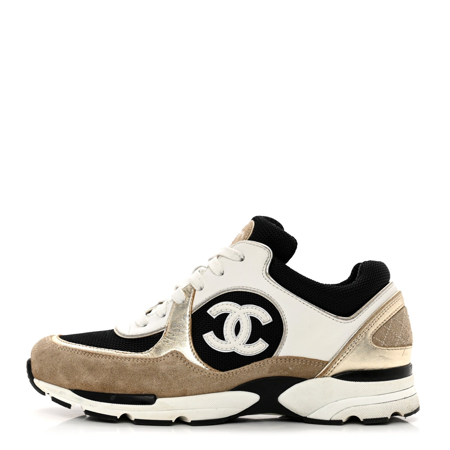 Chanel Mesh Suede Calfskin Womens CC Sneakers 39 White Black Beige Gold 1 of 8