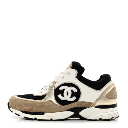 Chanel Mesh Suede Calfskin Womens CC Sneakers 39 White Black Beige Gold 1 of 8