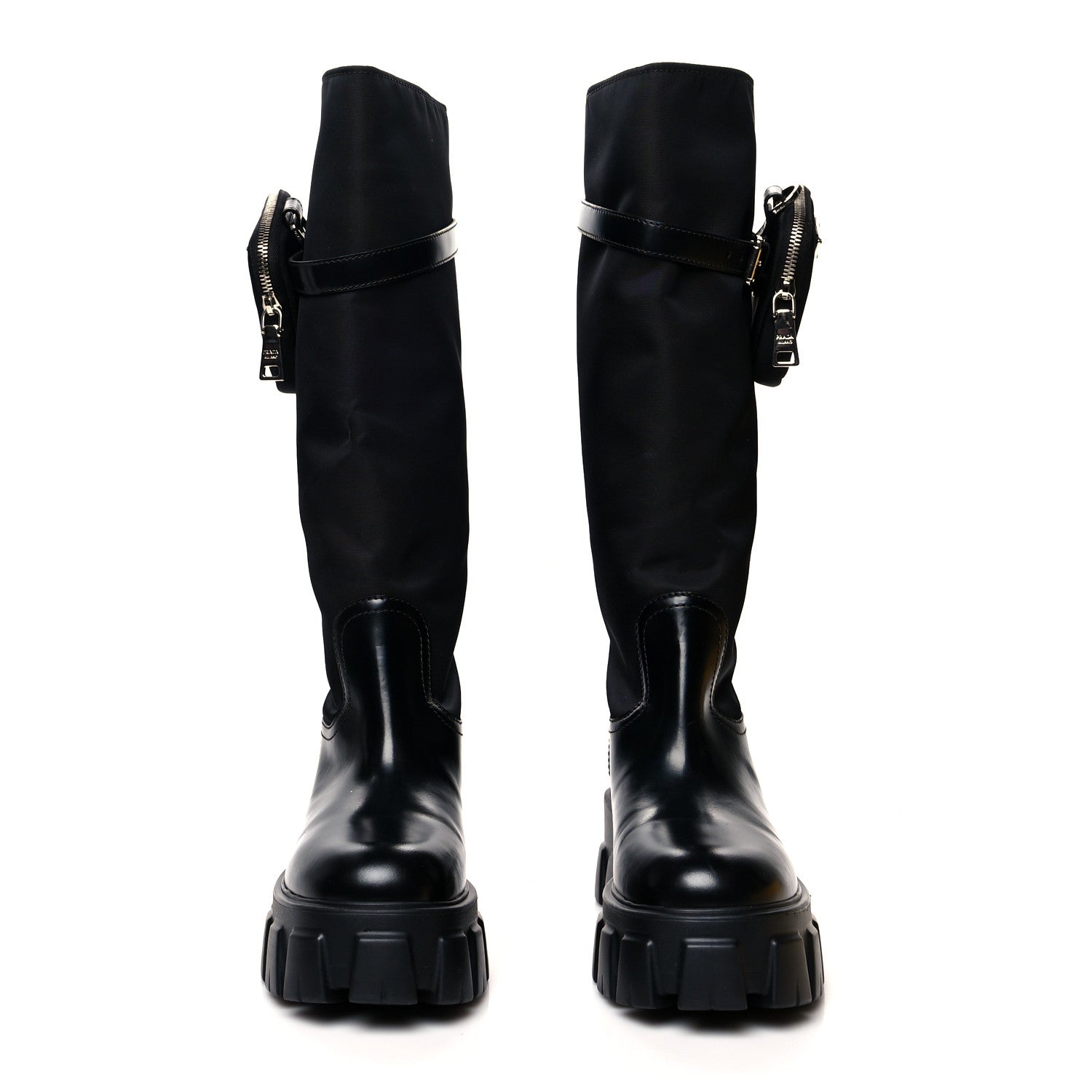 Prada Spazzolato Rois Re-Nylon Metal Triangle Logo Monolith Pouch Pocket 55mm Tall Boots 38.5 Black 2 of 7