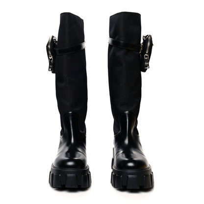 Prada Spazzolato Rois Re-Nylon Metal Triangle Logo Monolith Pouch Pocket 55mm Tall Boots 38.5 Black 2 of 7