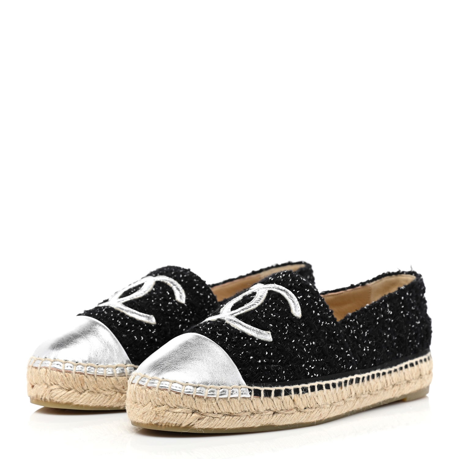 Chanel Metallic Lambskin Tweed CC Espadrilles 39 Black Silver 3 of 9