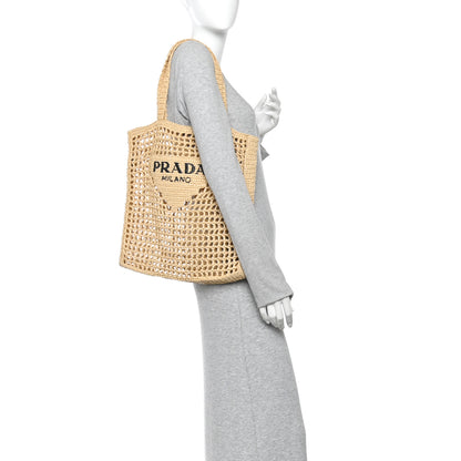 Prada Yarn Raffia Effect Crochet Logo Embroidered Tote Bag Naturale 2 of 11