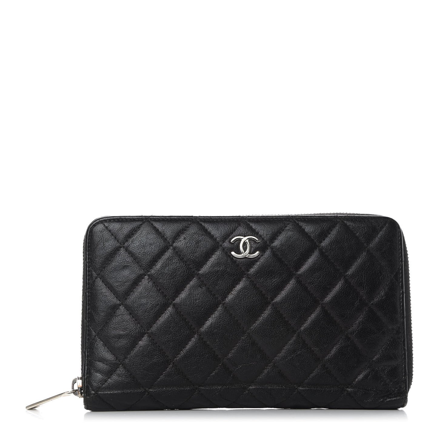 Calfskin Quilted Large Zip Around Organizer Wallet Black