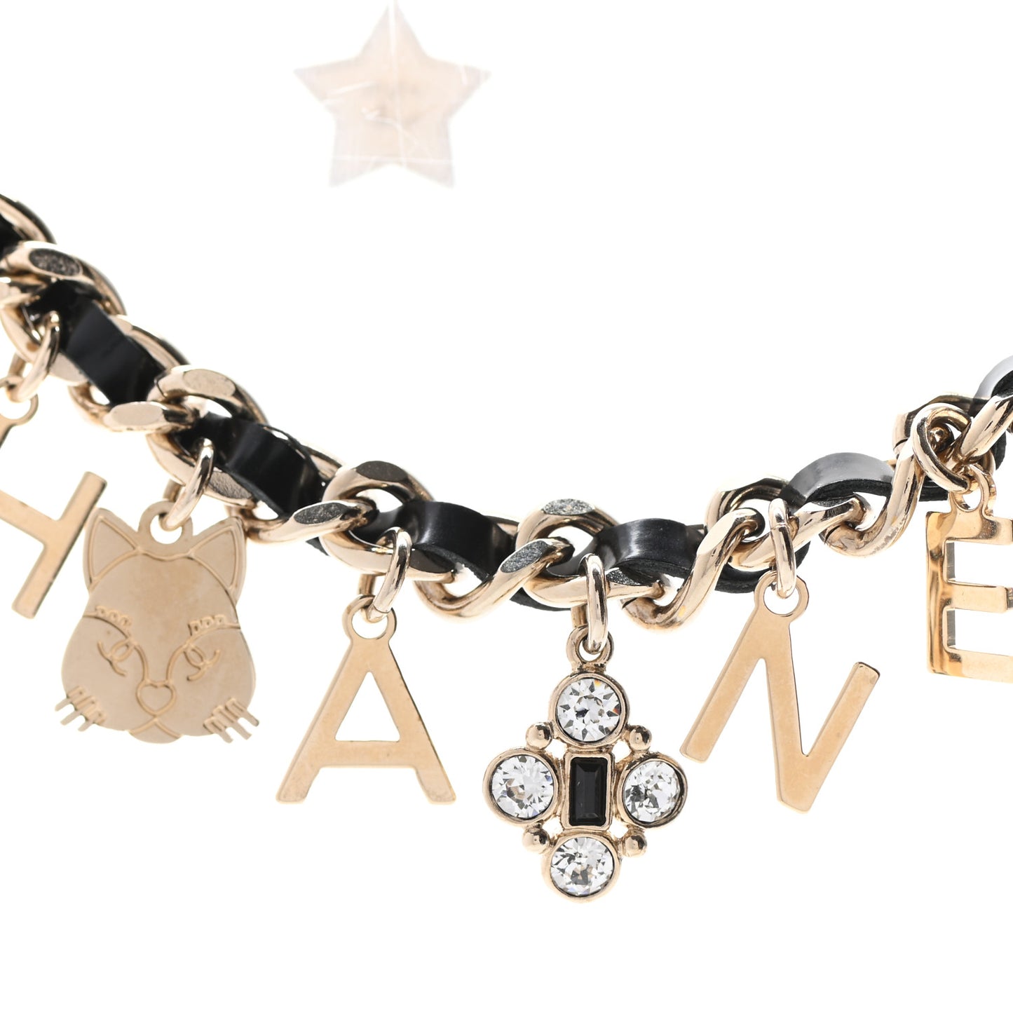 Glazed Calfskin Crystal Pearl Charm Short Necklace Black Gold