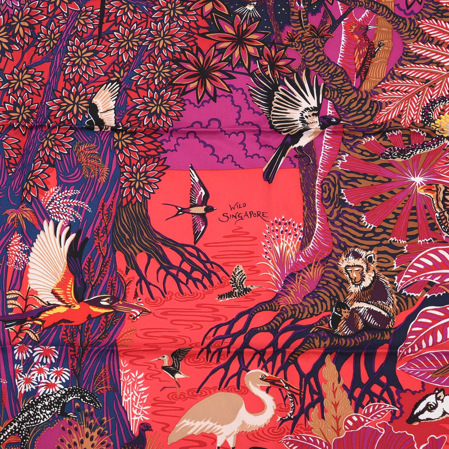 Hermes Silk Wild Singapore Scarf 90 Rouge Violet Beige 739426