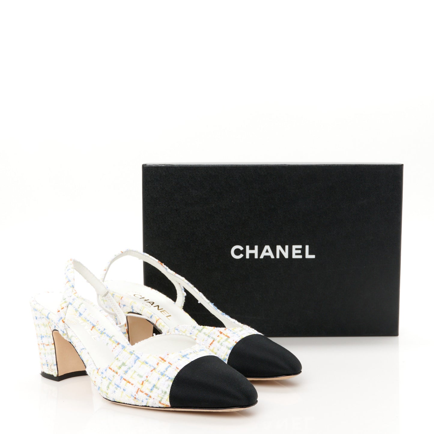 Tweed Grosgrain Cap Toe CC Slingback Pumps 40.5 White Multicolor