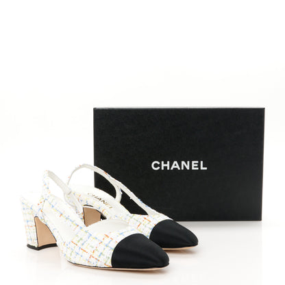 Chanel Tweed Grosgrain Cap Toe CC Slingback Pumps 40.5 White Multicolor 10 of 10