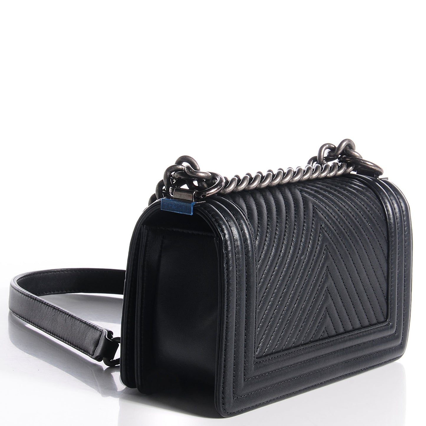 Calfskin Chevron Quilted Small Boy Flap Black