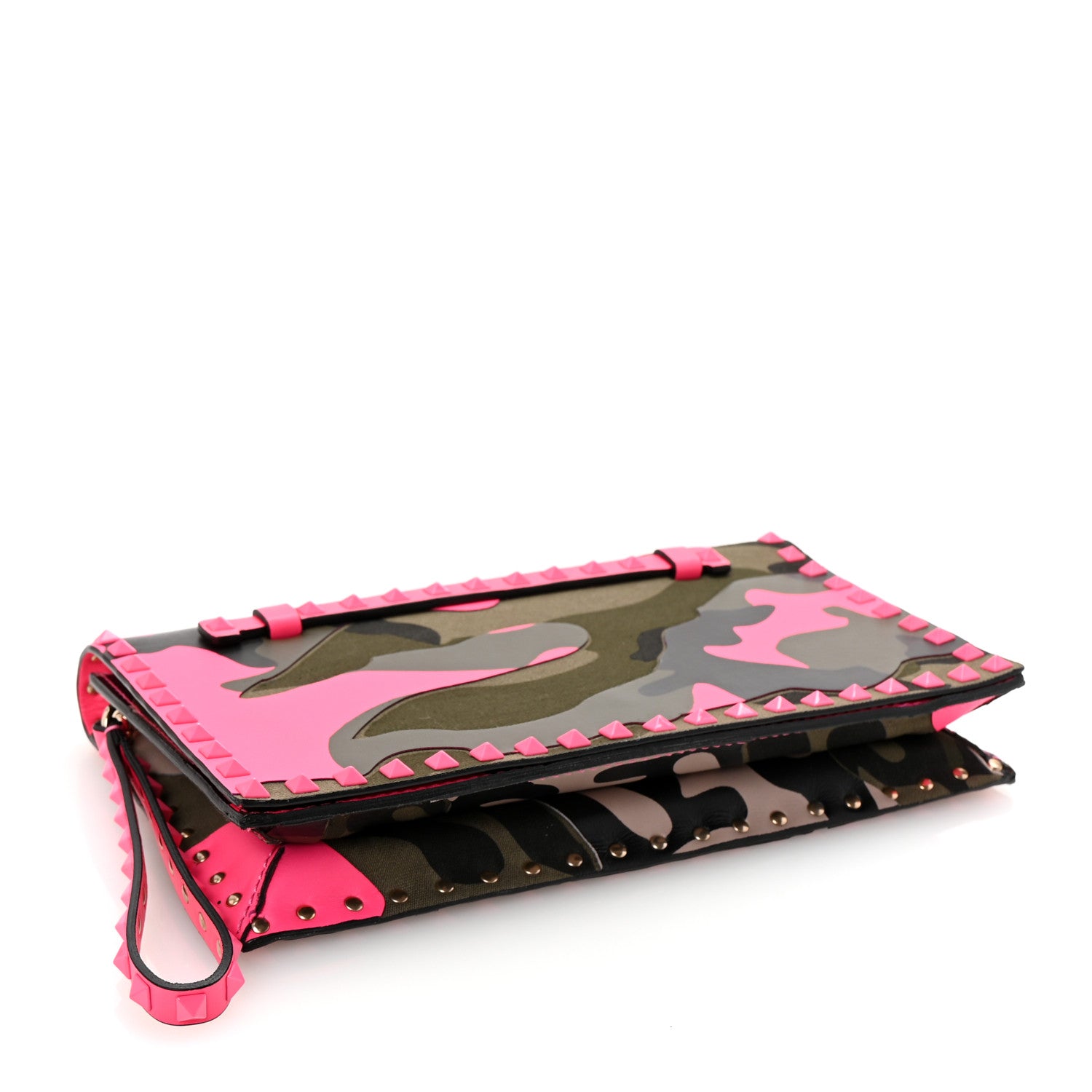 Valentino Garavani Nappa Canvas Camouflage Rockstud Wristlet Clutch Fuxia Fluo 4 of 6