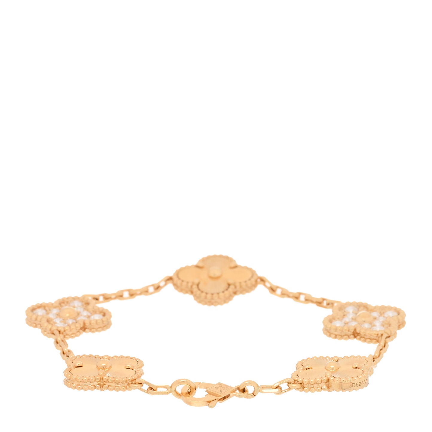 18K Yellow Gold Diamond 5 Motifs Guilloche Vintage Alhambra Bracelet