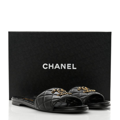 Chanel Shiny Goatskin Quilted CC Mules Sandals 40 Black 9 of 9