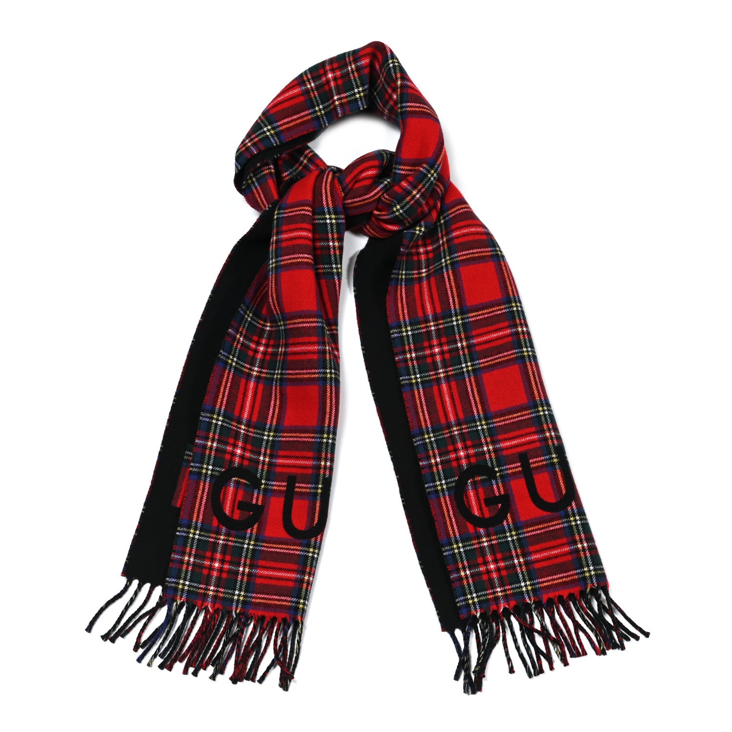 Gucci Cashmere Wool Logo Reversible Tartan Fringe Scarf Red Black 1 of 5