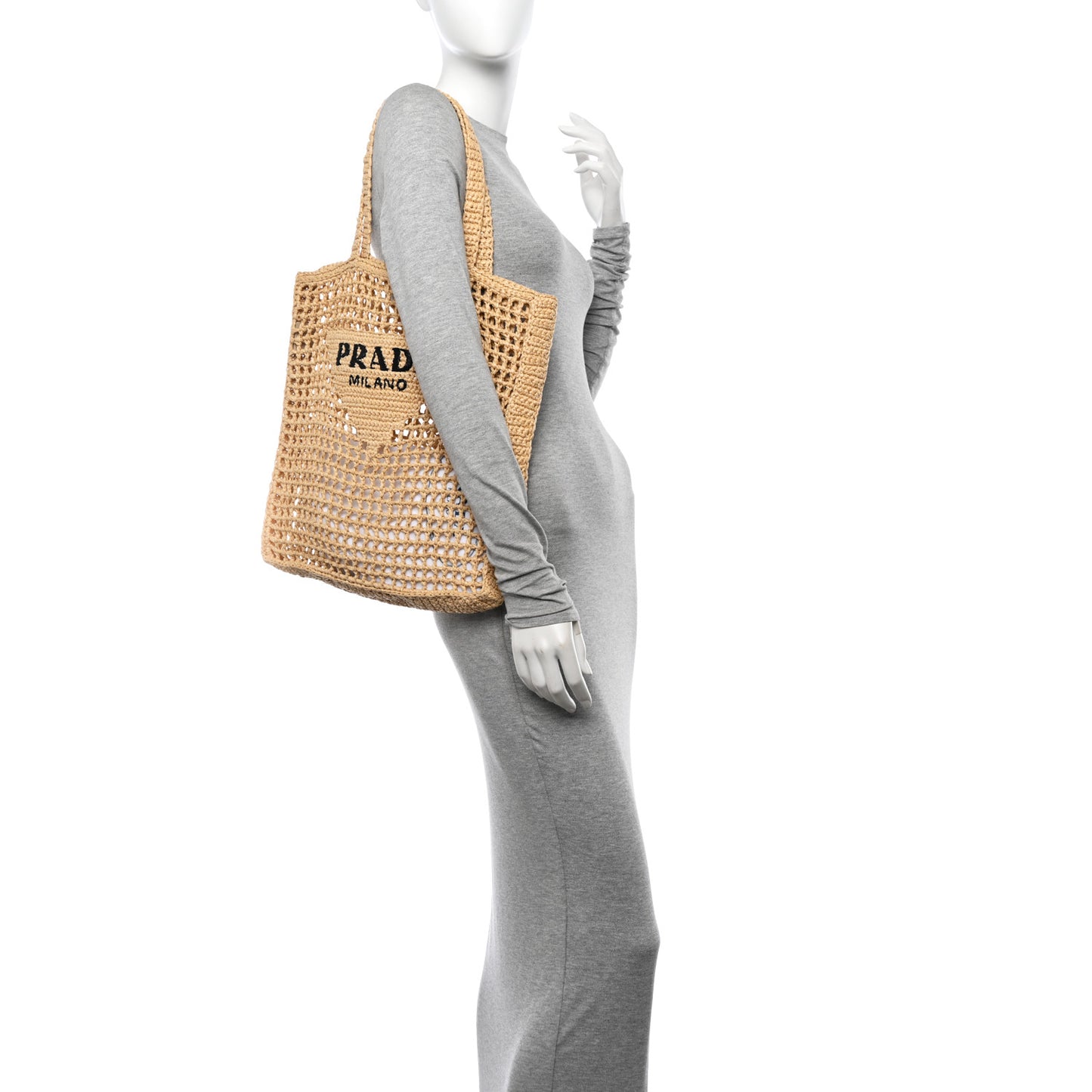 Yarn Raffia Effect Crochet Logo Embroidered Tote Bag Naturale