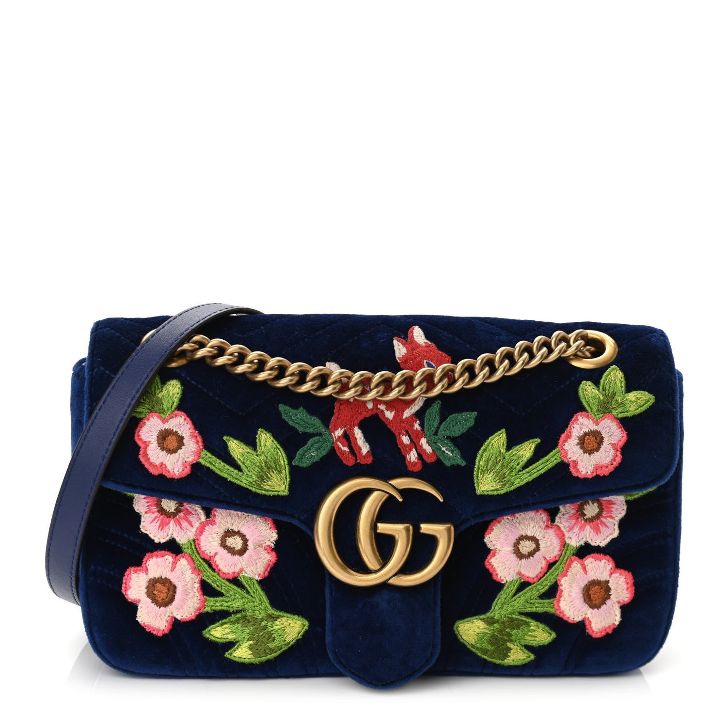Gucci Velvet Matelasse Deer Embroidered Small GG Marmont Shoulder Bag Cobalt 1 of 10