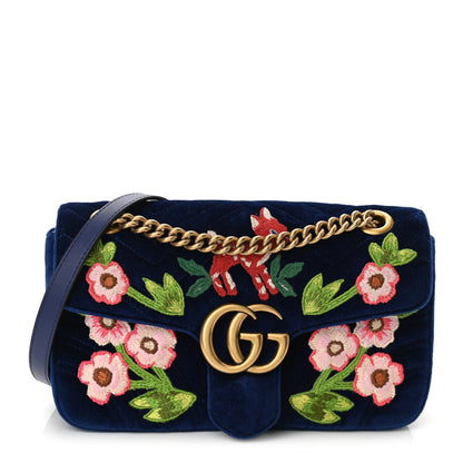 Gucci Velvet Matelasse Deer Embroidered Small GG Marmont Shoulder Bag Cobalt 1 of 10