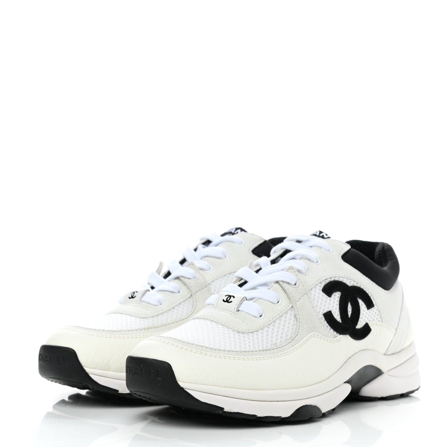 Chanel Mesh Suede Calfskin Grained Calfskin Womens CC Sneakers 38 White Black 3 of 9