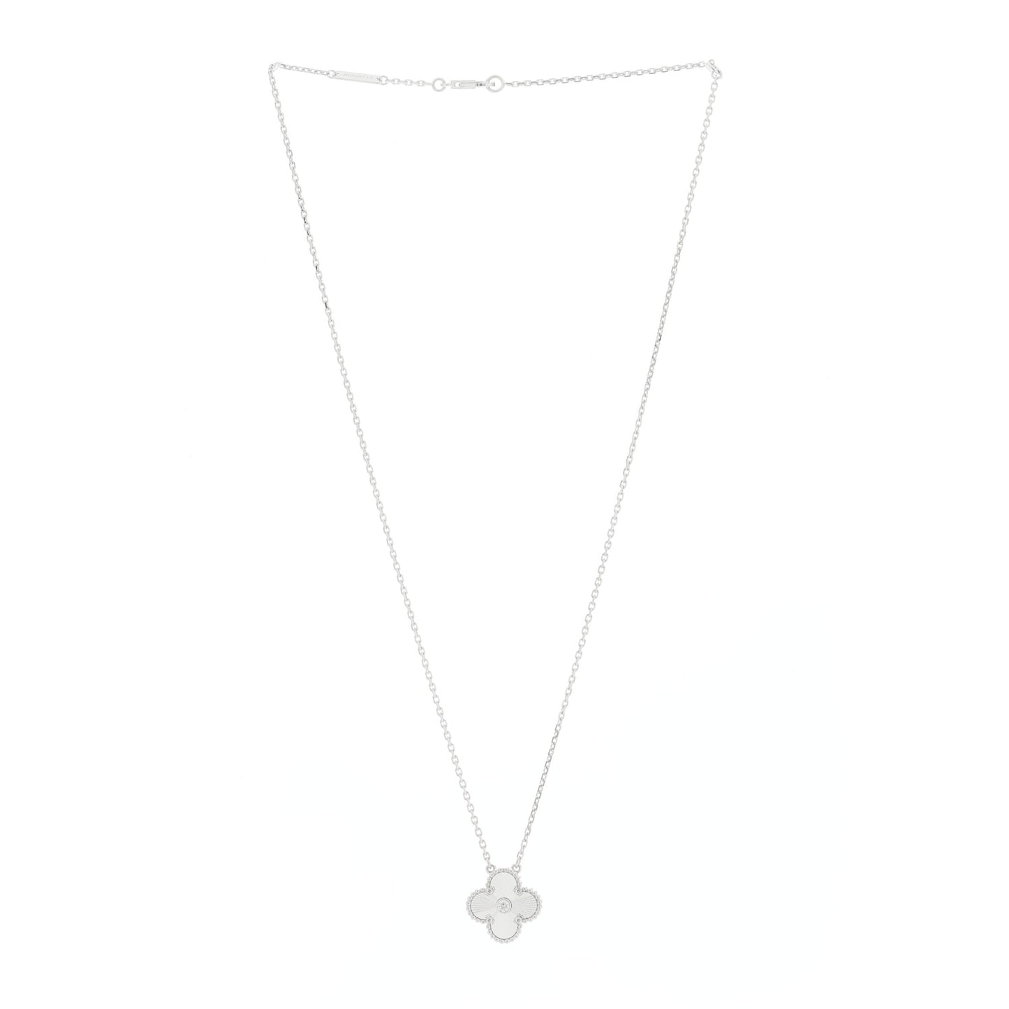 18K White Gold Diamond Guilloche Vintage Alhambra Pendant Necklace