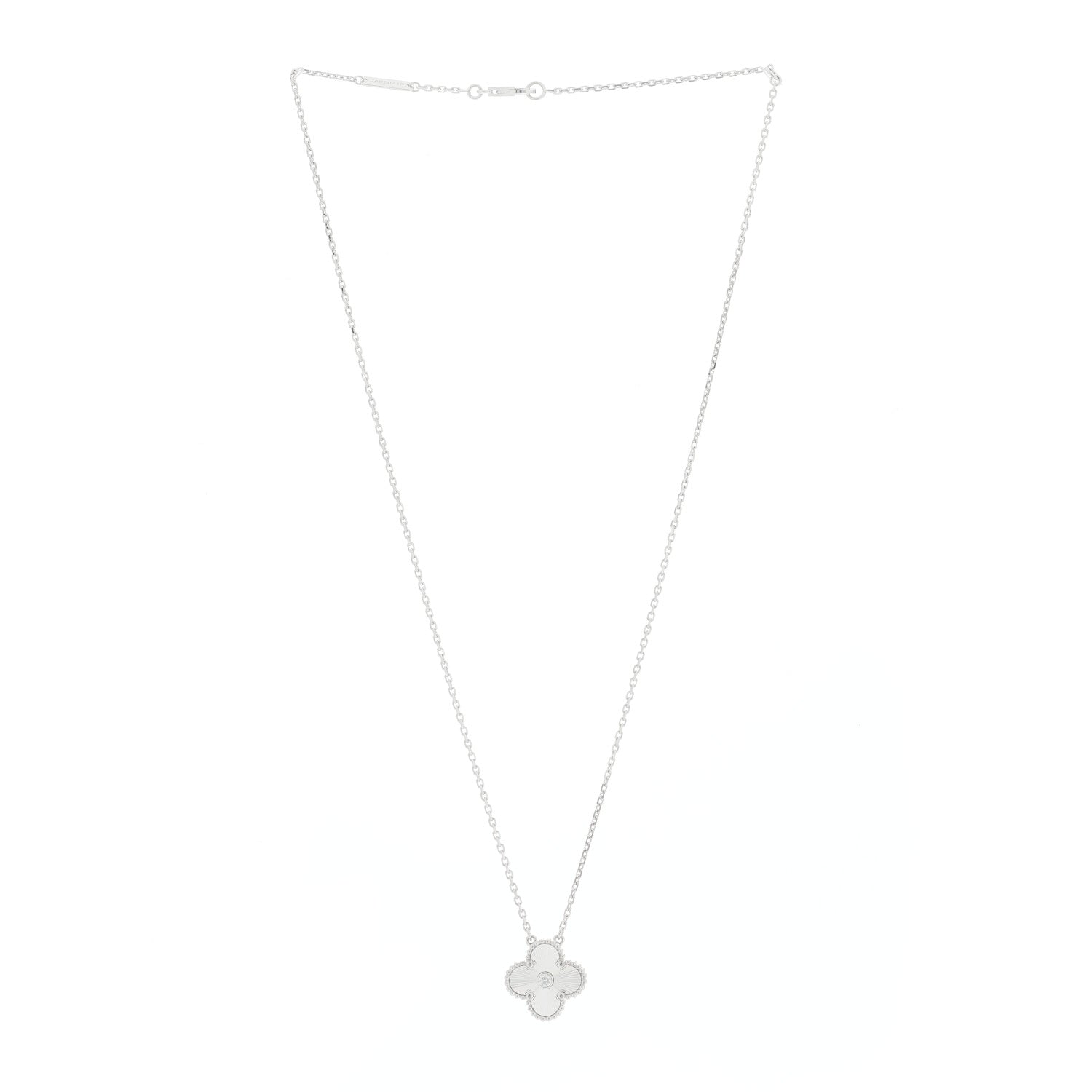 Van Cleef & Arpels 18K White Gold Diamond Guilloche Vintage Alhambra Pendant Necklace 2 of 4