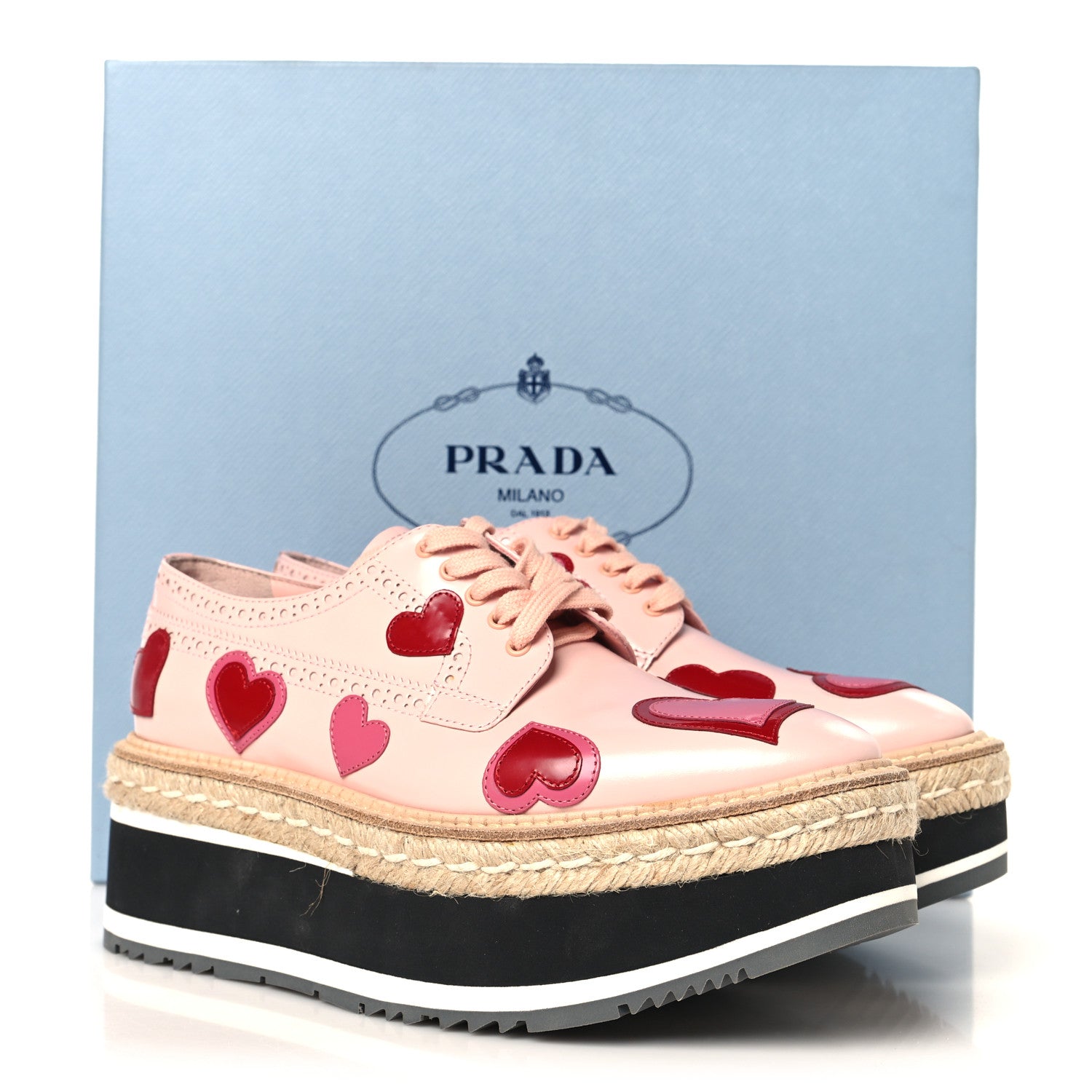 PRADA ハート柄 フラットシューズ Prada Patent Calfskin Espadrille Hearts 45mm Platform Sneakers
