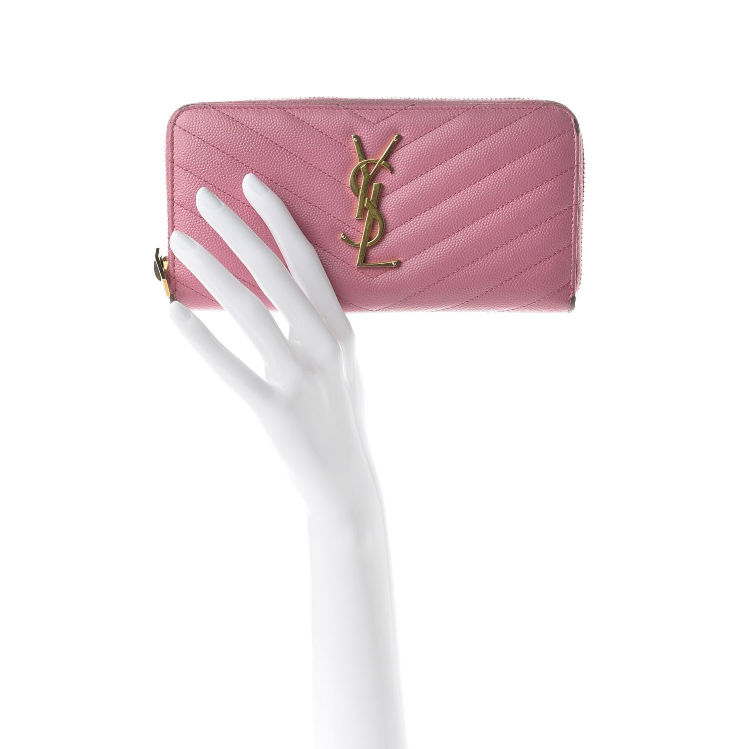 Saint Laurent Grain De Poudre Matelasse Chevron Monogram Zip Around Wallet Bubblegum 2 of 9