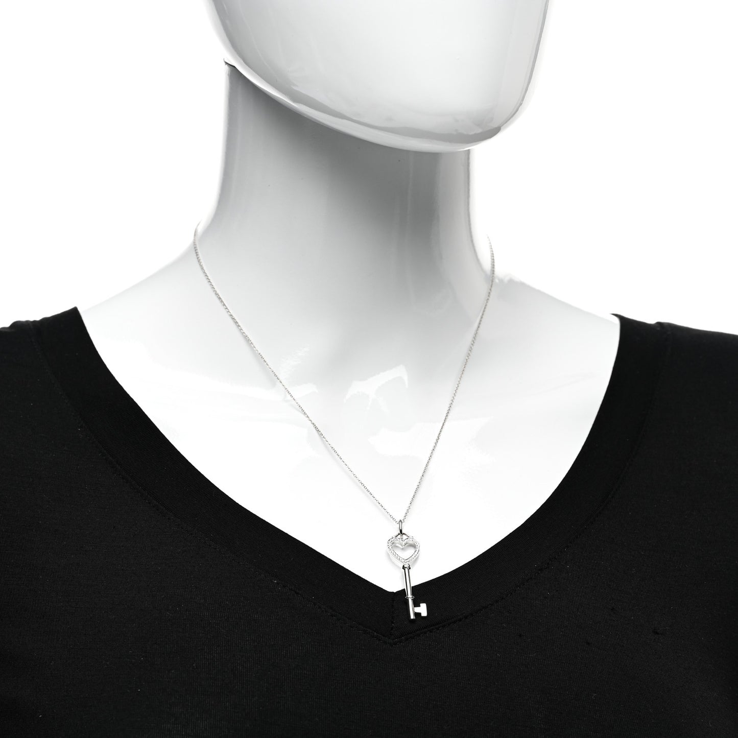 18K White Gold Diamond Medium Heart Key Pendant Necklace