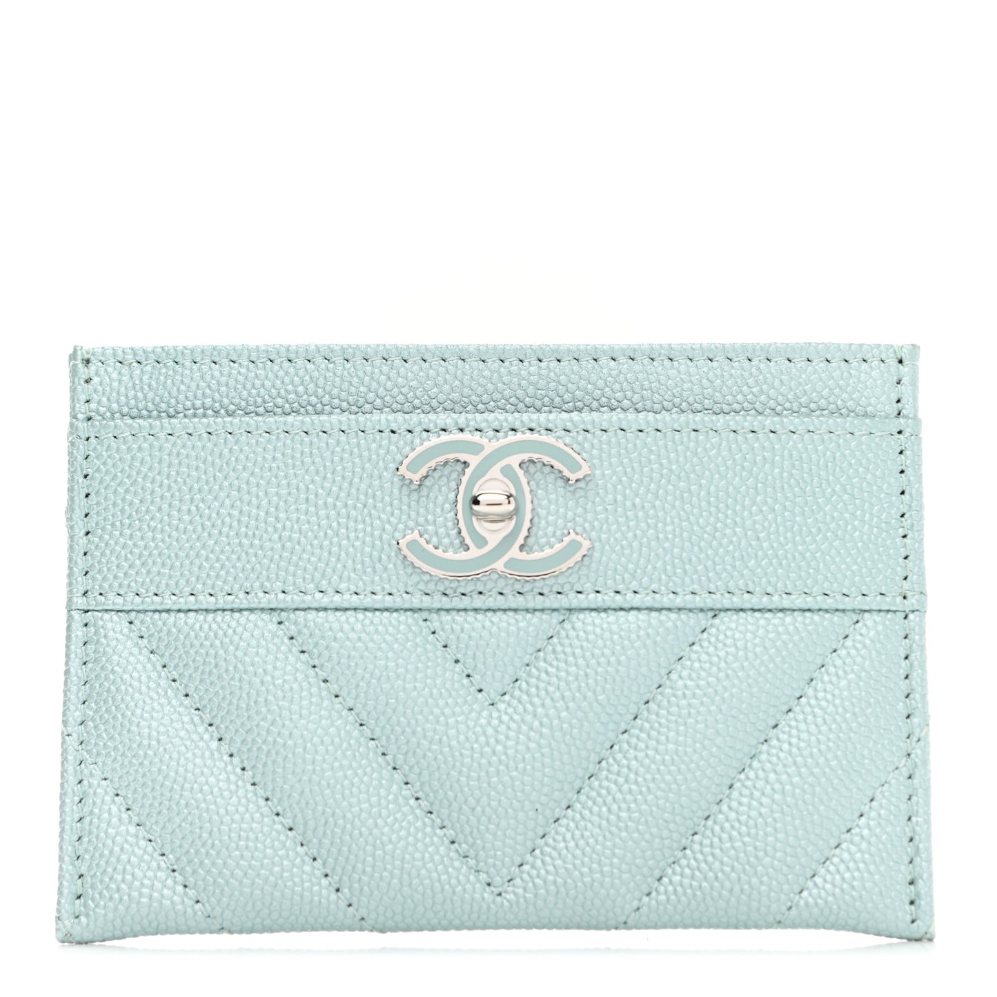 Metallic Caviar Chevron Quilted Vintage Mademoiselle Card Holder Light Blue