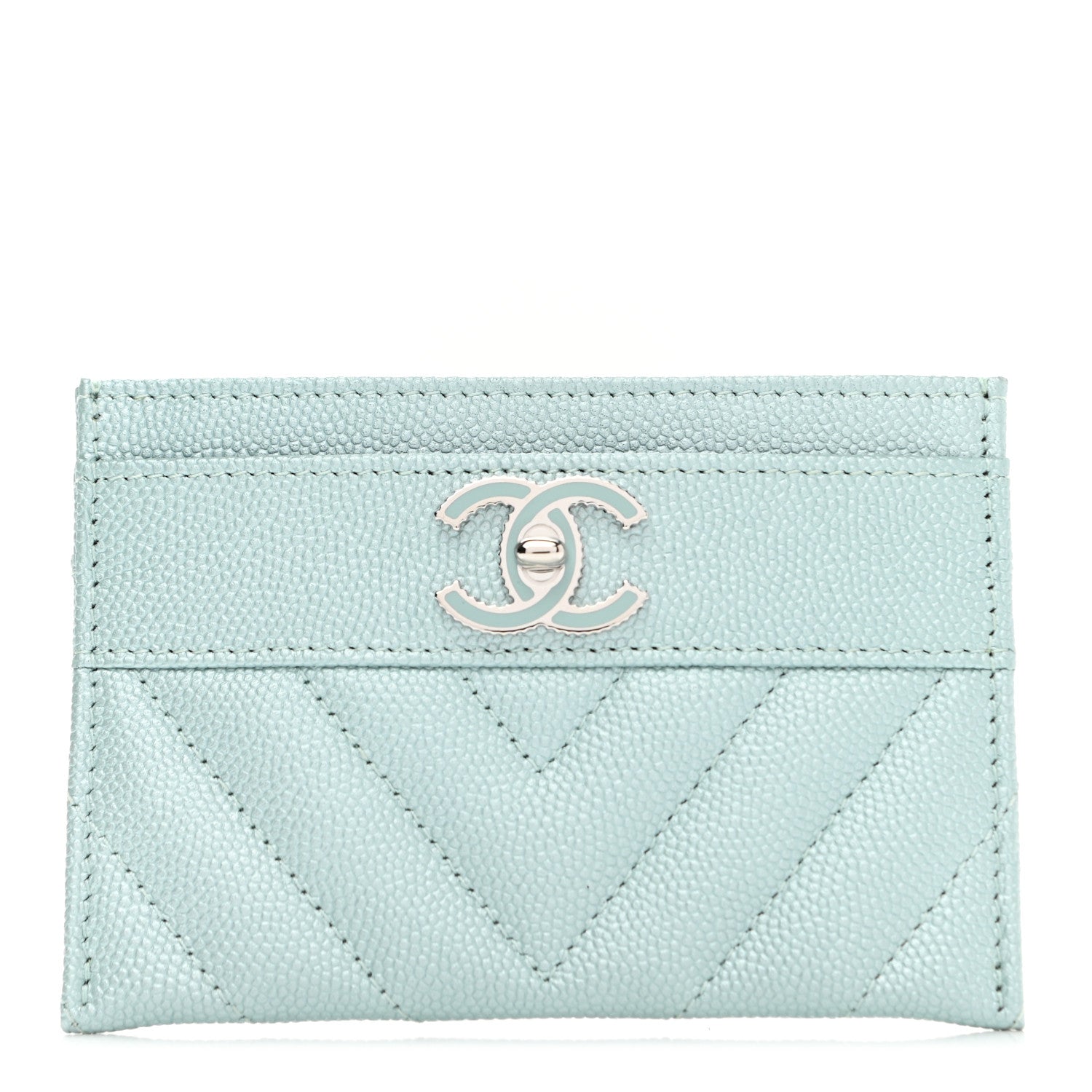 Chanel Metallic Caviar Chevron Quilted Vintage Mademoiselle Card Holder Light Blue 1 of 9