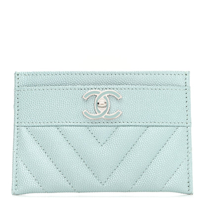 Chanel Metallic Caviar Chevron Quilted Vintage Mademoiselle Card Holder Light Blue 1 of 9