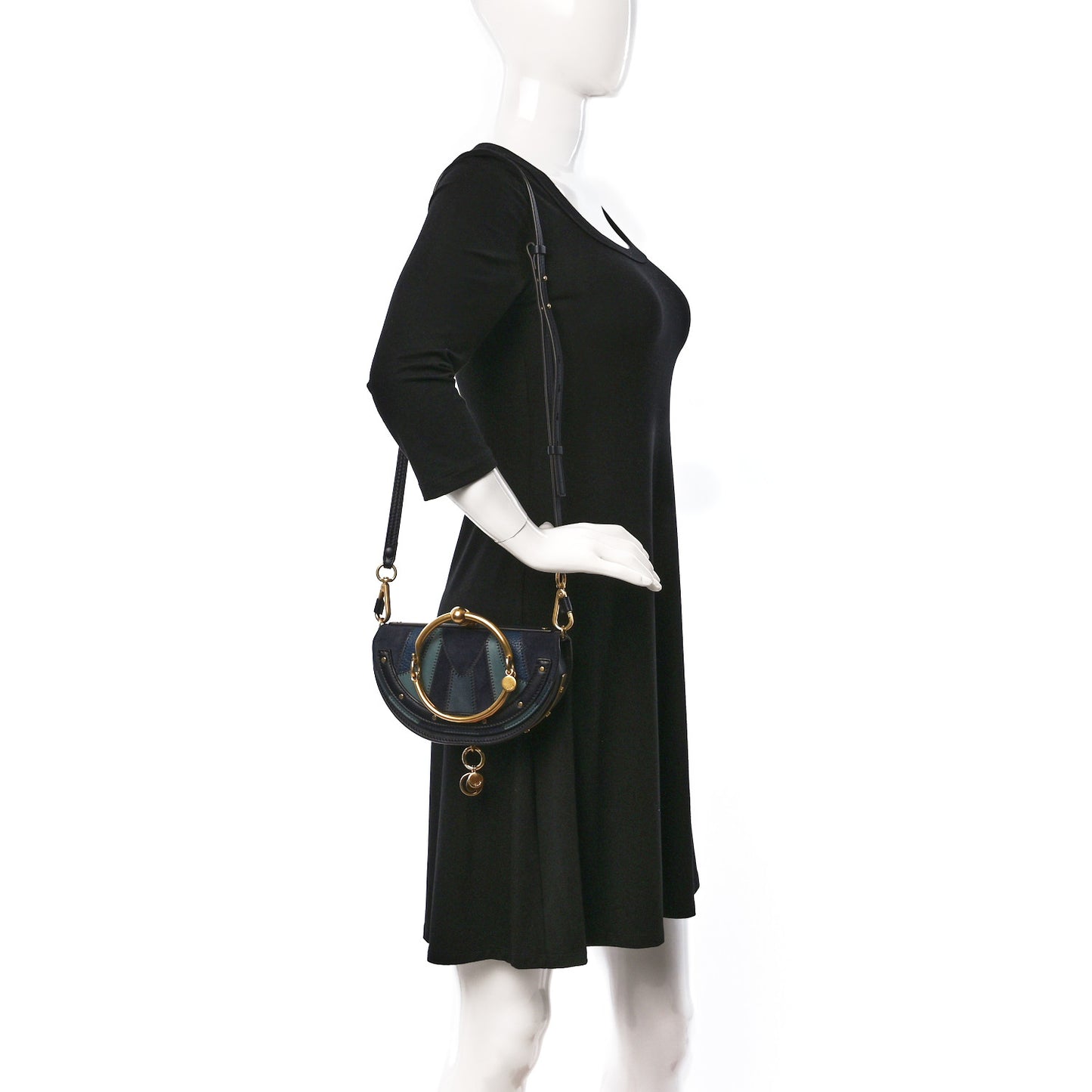 Calfskin Suede Patchwork Small Nile Bracelet Minaudiere Bag Dark Blue