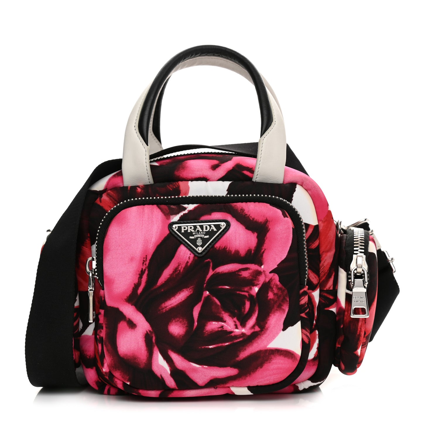 Tessuto Nylon Roses Print Pocket Top Handle Cargo Bag Pink