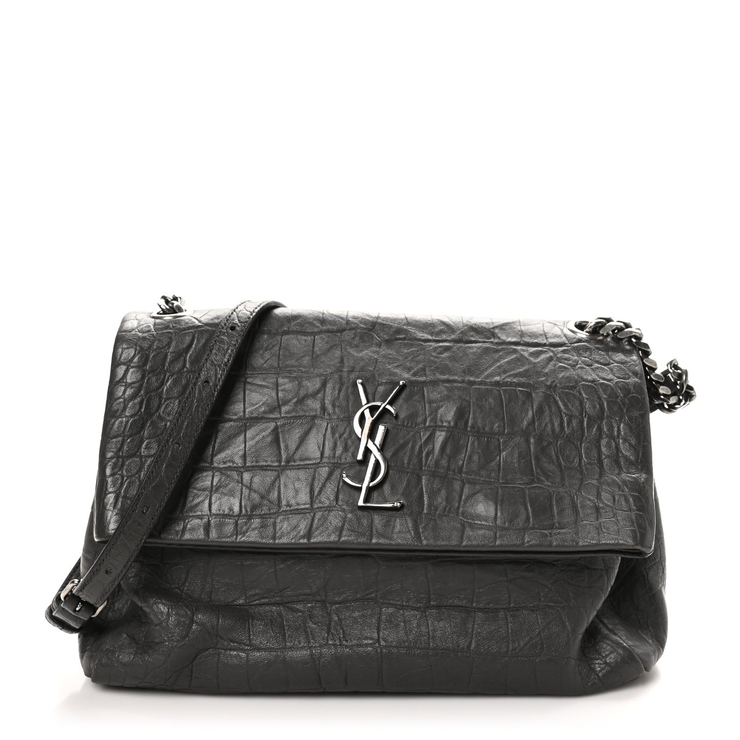 Calfskin Crocodile Embossed Medium West Hollywood Monogram Fold-Over Grey
