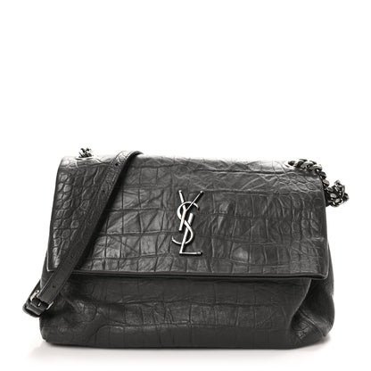 Saint Laurent Calfskin Crocodile Embossed Medium West Hollywood Monogram Fold-Over Grey 1 of 11