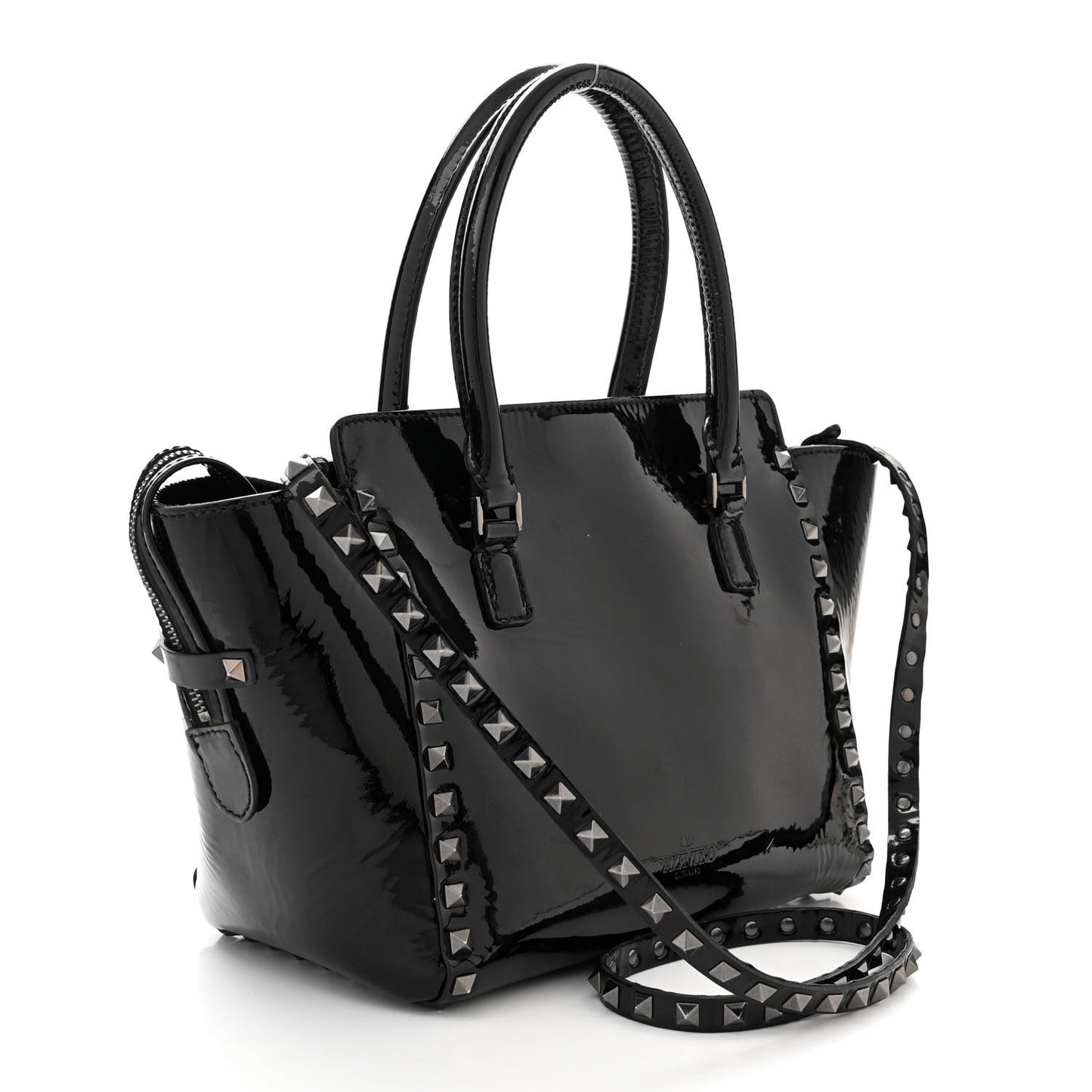 Patent Monochrome Small Rockstud Double Handle Tote Black