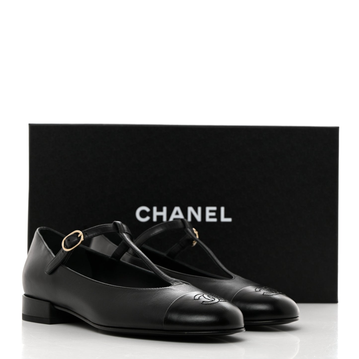 Calfskin Cap Toe T Strap CC Flats 37 Black