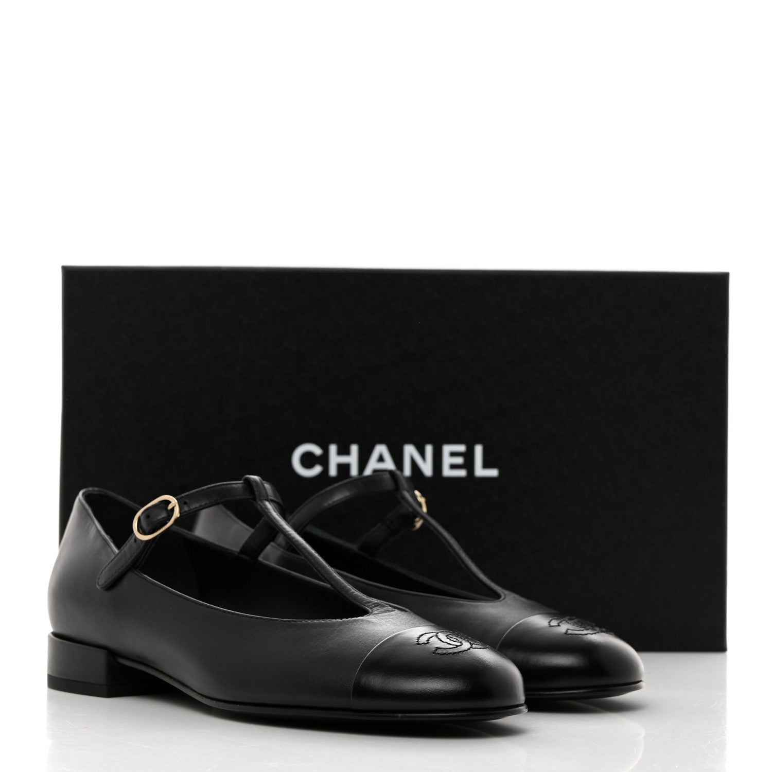 Chanel Calfskin Cap Toe T Strap CC Flats 37 Black 9 of 9