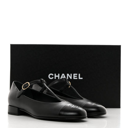 Chanel Calfskin Cap Toe T Strap CC Flats 37 Black 9 of 9