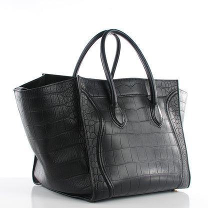 Celine Crocodile Embossed Calfskin Medium Phantom Luggage Black 3 of 8