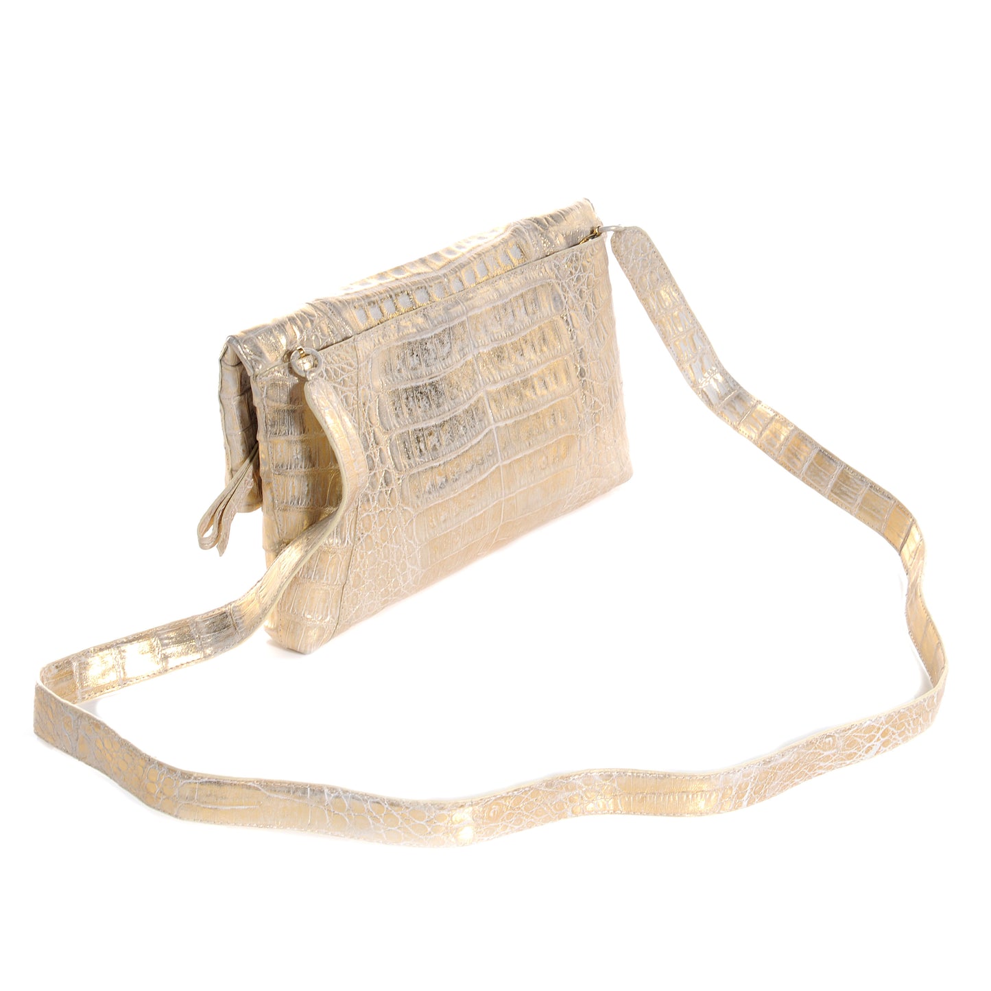 Metallic Crocodile Foldover Clutch Bag Gold