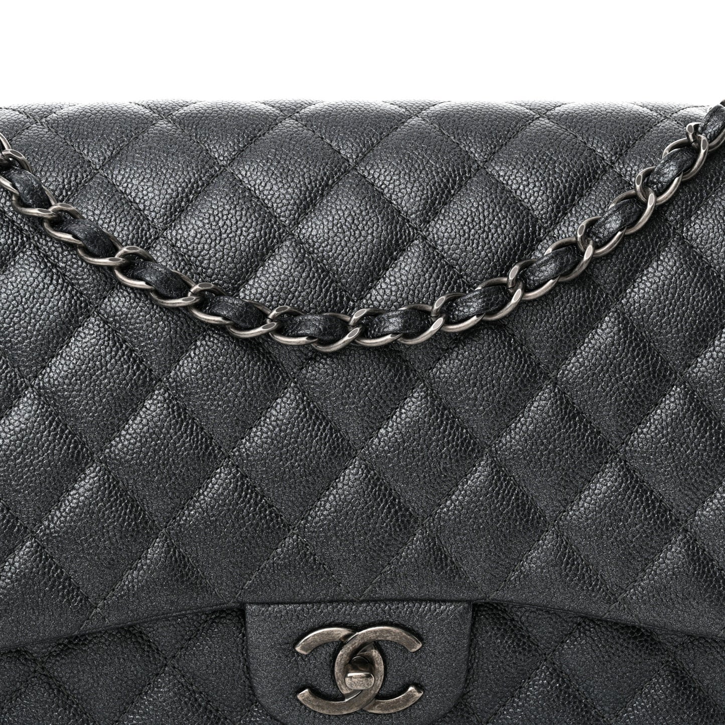 Metallic Caviar Quilted Maxi Double Flap Charcoal
