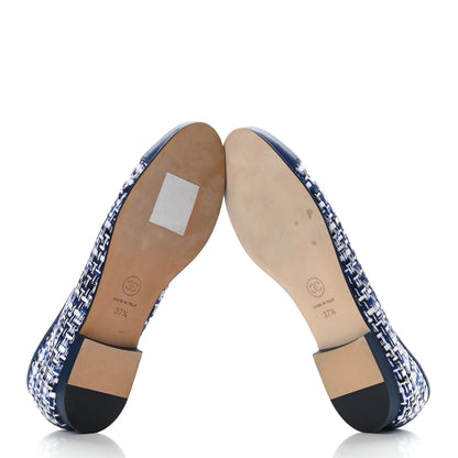 Chanel Tweed Lambskin CC Cap Toe Ballerina Flats 37.5 White Blue 5 of 9