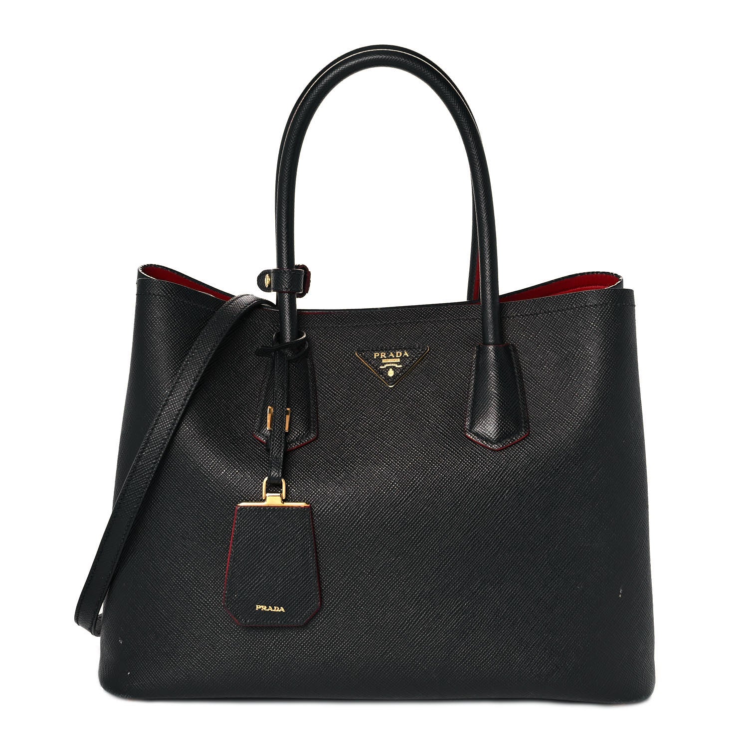 Prada Saffiano Cuir Medium Double Bag Black Fuoco 1 of 9