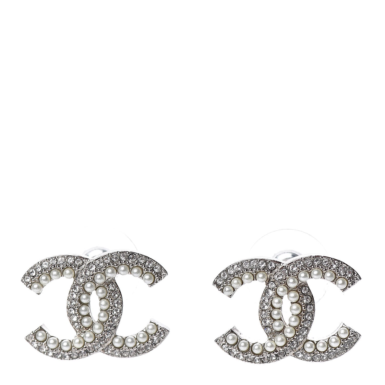 Chanel Pearl Crystal CC Snow Palace Earrings Silver 1 of 5