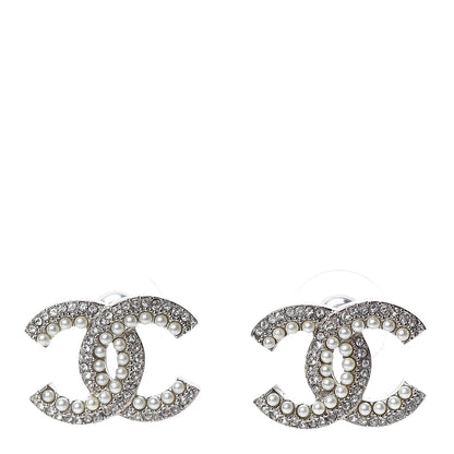 Chanel Pearl Crystal CC Snow Palace Earrings Silver 1 of 5