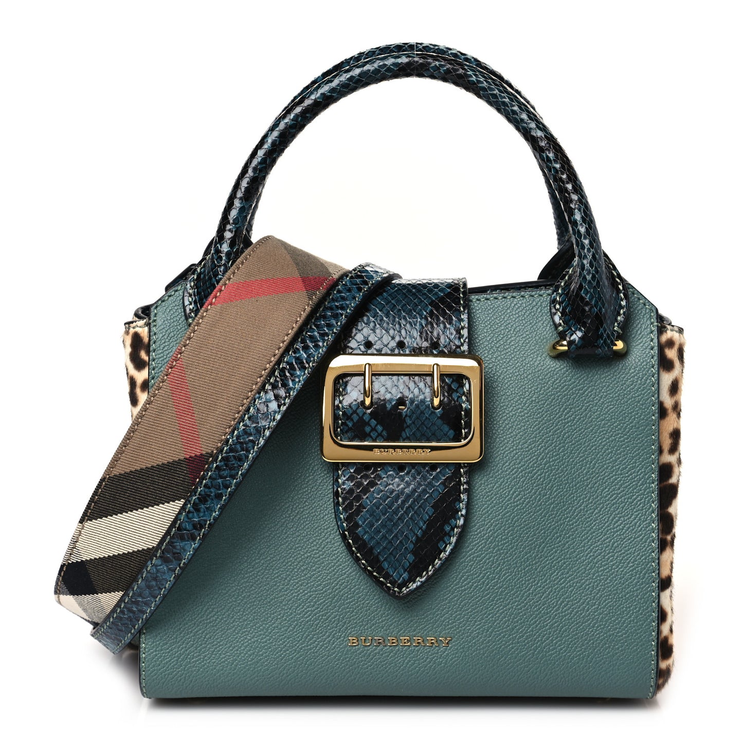 Soft Grain Calfskin Pony Hair Snakeskin Small Buckle Tote Blue