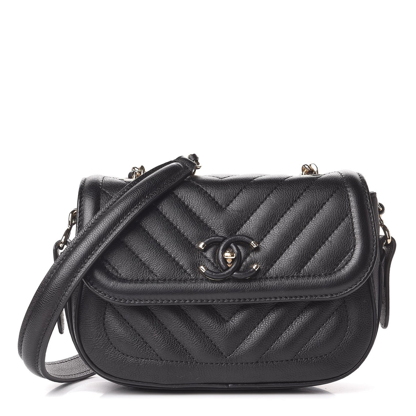 Calfskin Chevron Quilted Mini Messenger Flap Black