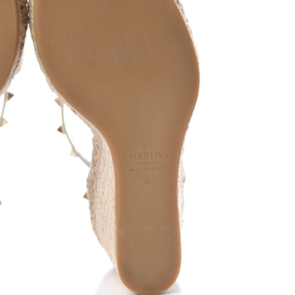 Valentino Garavani Grained Calfskin Rockstud Ankle Strap Espadrille Wedge Sandals 38 Light Ivory 8 of 9