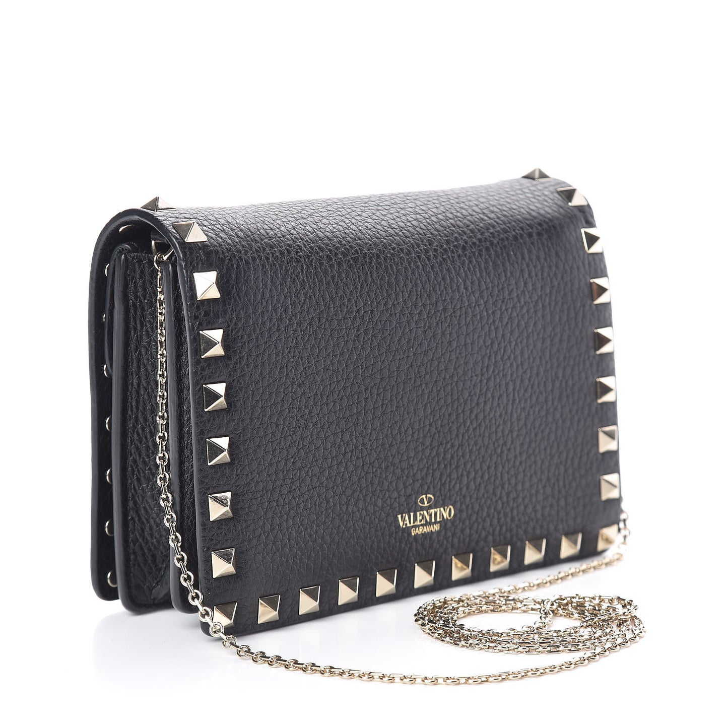 Pebbled Calfskin Rockstud Wallet on Chain Black