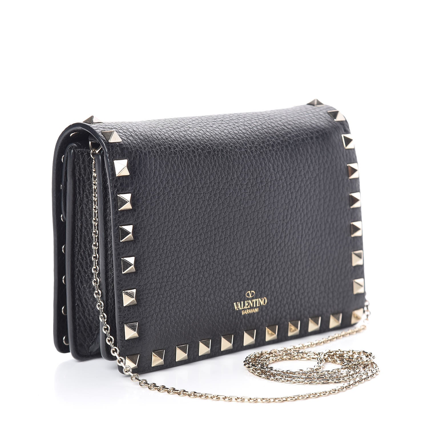 Valentino Garavani Pebbled Calfskin Rockstud Wallet on Chain Black 3 of 10