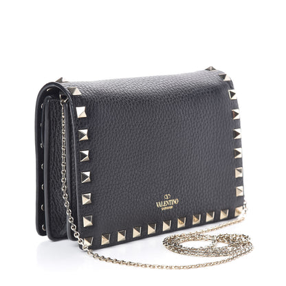 Valentino Garavani Pebbled Calfskin Rockstud Wallet on Chain Black 3 of 10